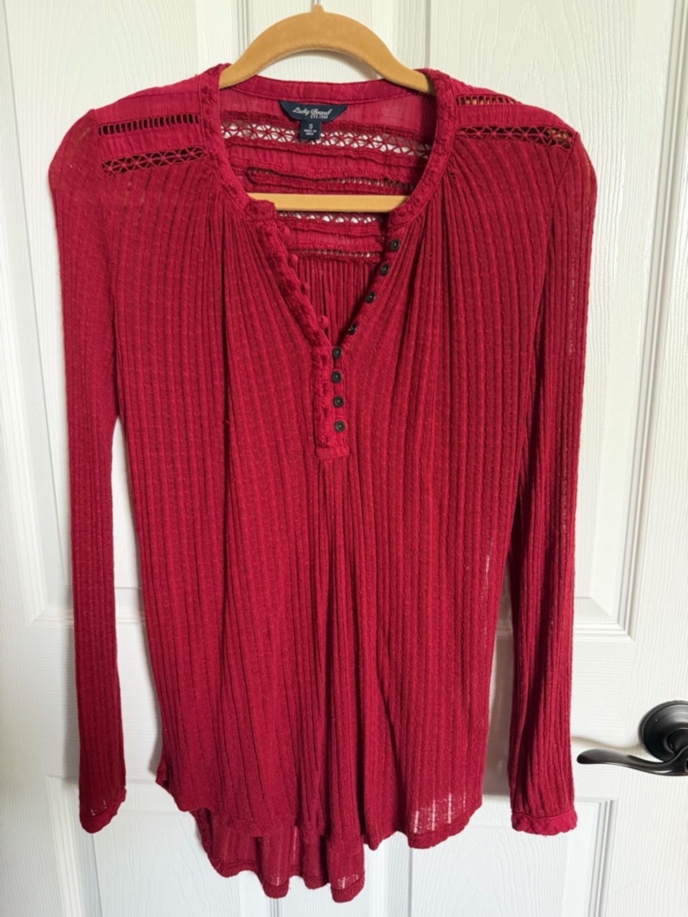 Lucky Brand Women's Burgundy Ribbed Henley with Eyelet Detail